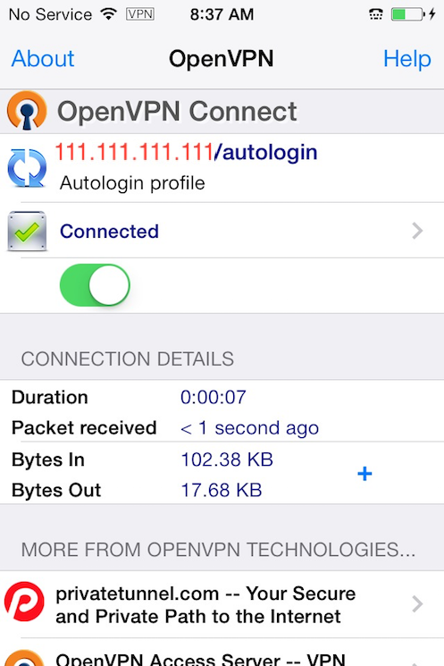 The OpenVPN iOS app connected to the VPN