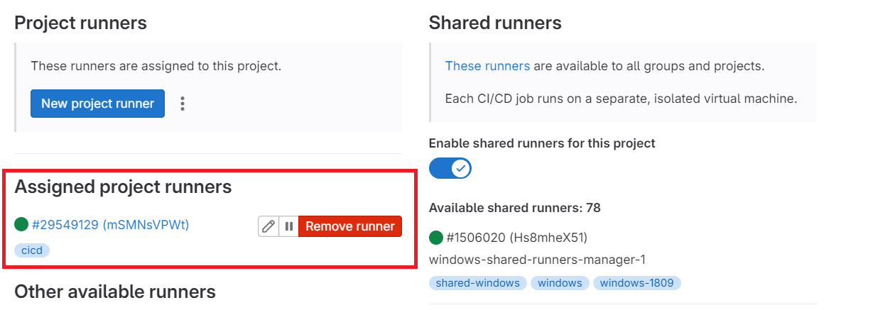 The registered runner in the runners section of the ci/cd settings