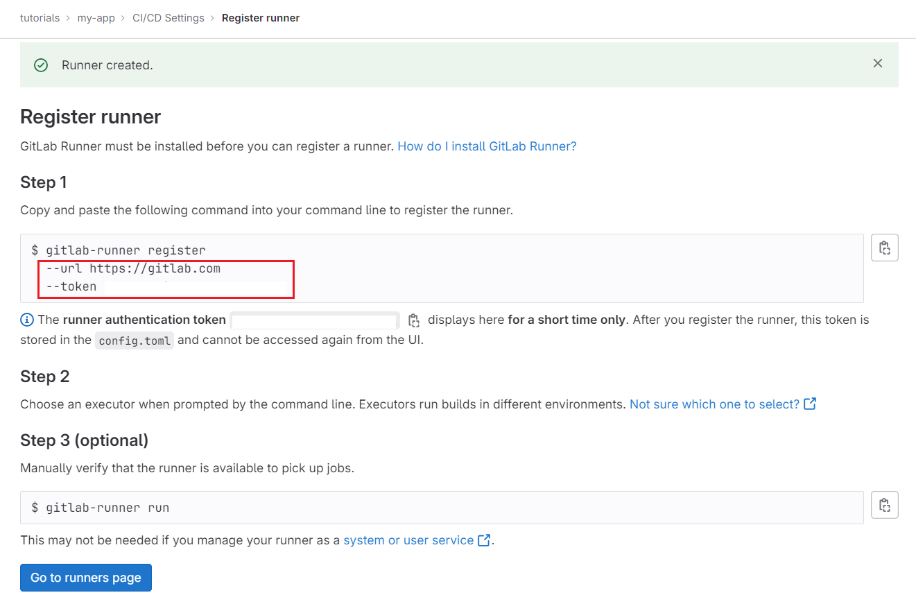 The runners section in the ci/cd settings with the copy token button