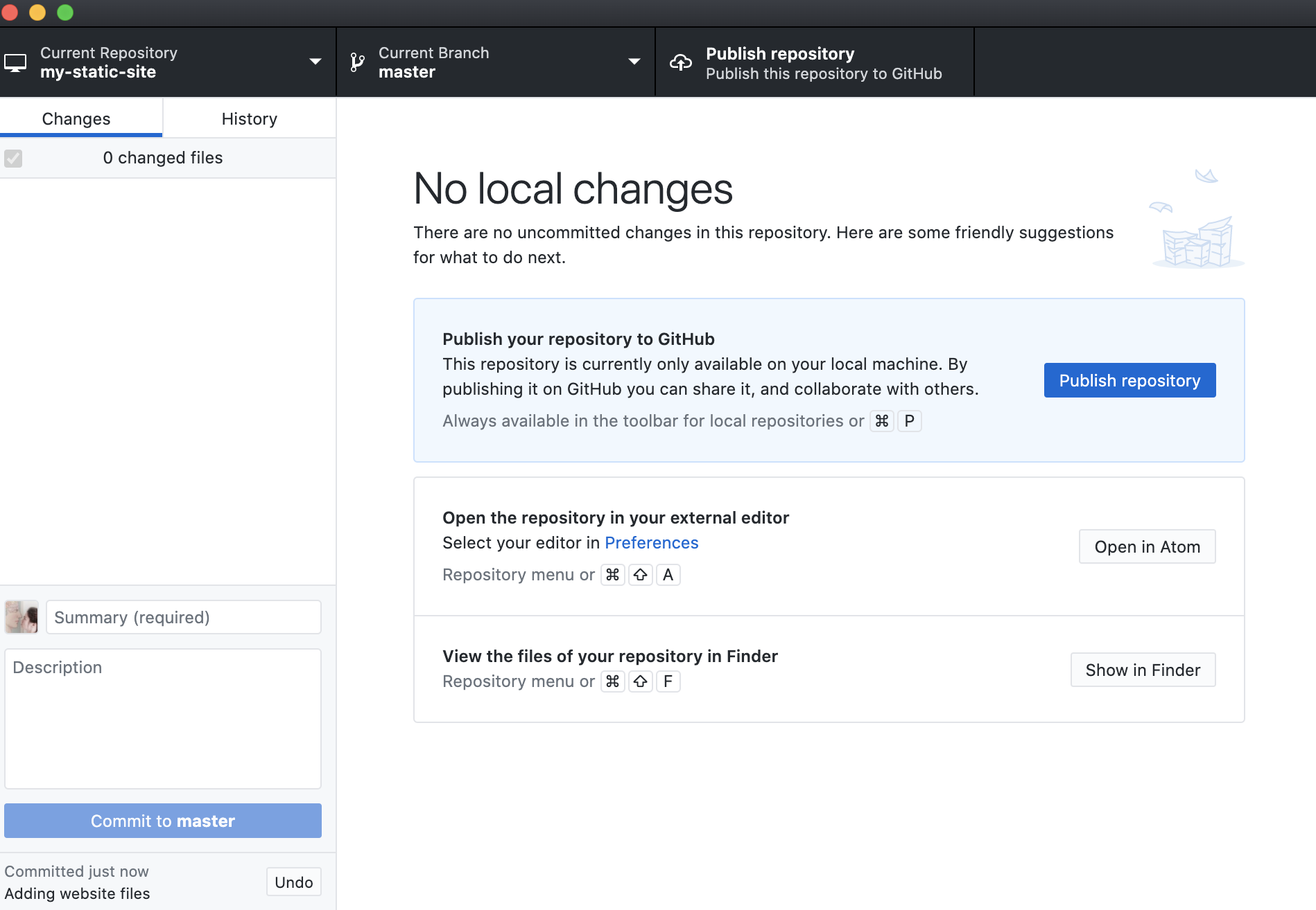 Image of publish to GitHub option on GitHub Desktop App